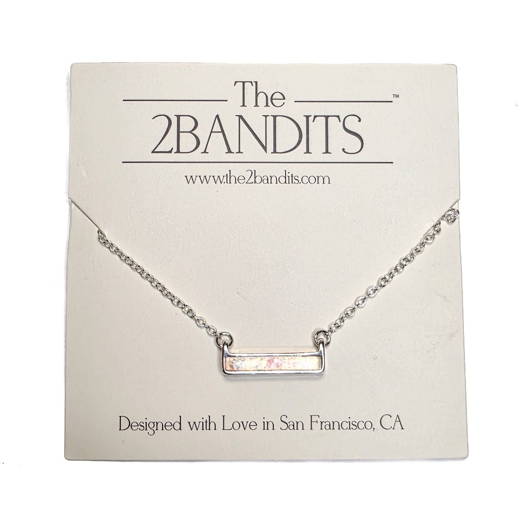 The 2 Bandits Jewelry Athens Iridescent Glitter Bar Box Dainty Silver Necklace